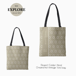 Bolsa Tote Sacos de Tota Floral Ornamental, Ouro Elegante