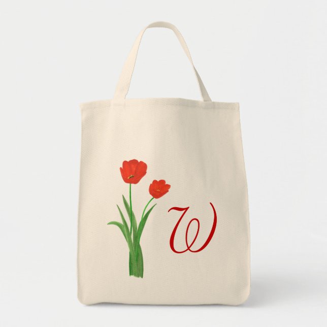 Bolsa Tote Sacos de tote de Casamento Monograma, Tulipas Verm (Frente)