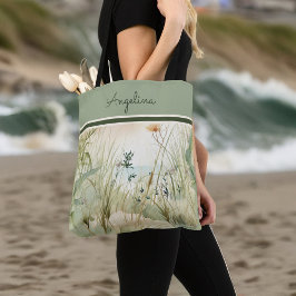 Bolsa Tote Sage Beach Dunes Grass and Flowers Monograma