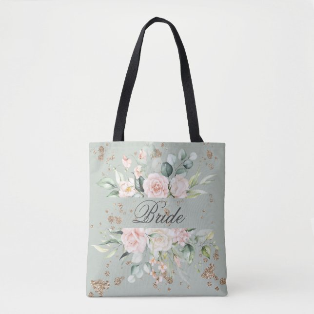 Bolsa Tote Sage de Aquarela Floral Dourada (Frente)