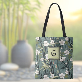 Bolsa Tote Sage Green Black Floral Japanese Style Monogram 