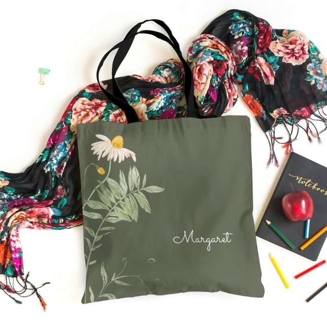 Bolsa Tote Sage Green Daisy Floral Mínimo (Criador carregado)