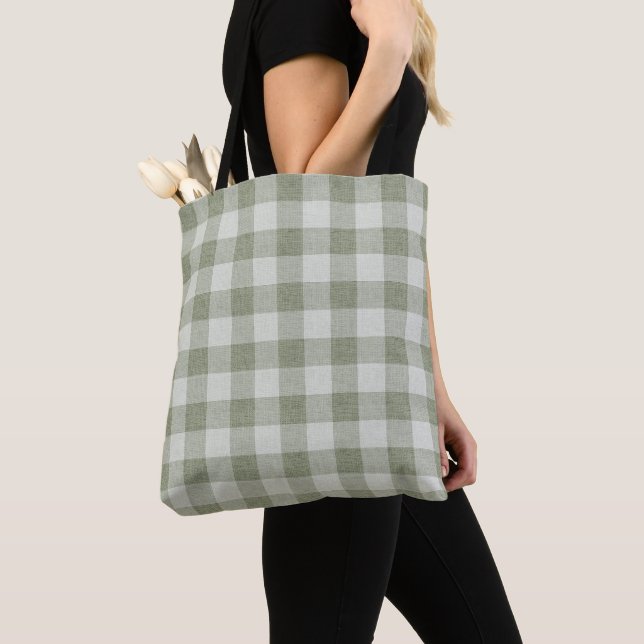 Bolsa Tote Sage Green Gingham Buffalo Check Linen Texture  (Close Up)
