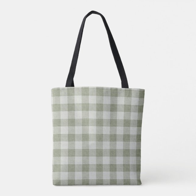 Bolsa Tote Sage Green Gingham Buffalo Check Linen Texture  (Verso)