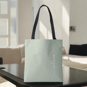 Bolsa Tote Sage Green Girly Script Monograma Moderno