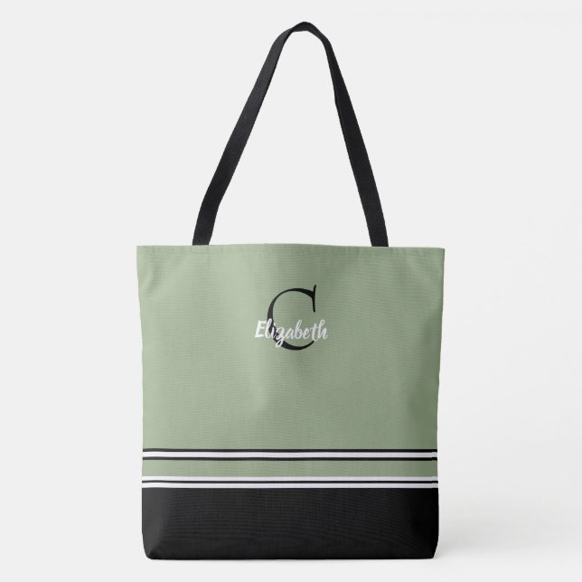 Bolsa Tote Sage Green Monogram Stripes Personalized  (Frente)