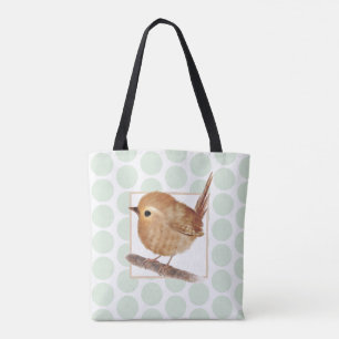 Bolsa Tote Sage Green Polkadot Puffy Wren Bird 