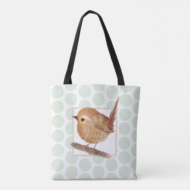 Bolsa Tote Sage Green Polkadot Puffy Wren Bird (Verso)