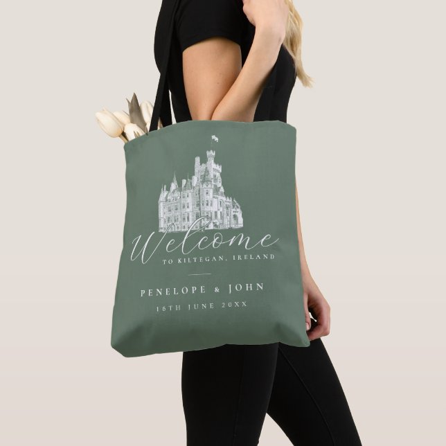Bolsa Tote Sage Green Vintage Castle Illustration Wedding (Close Up)