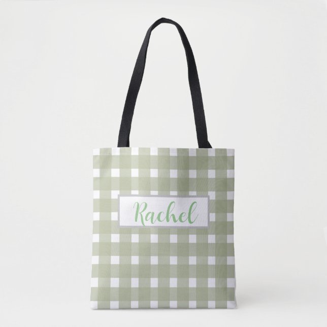 Bolsa Tote Sage Green White Gingham Personalizado (Frente)