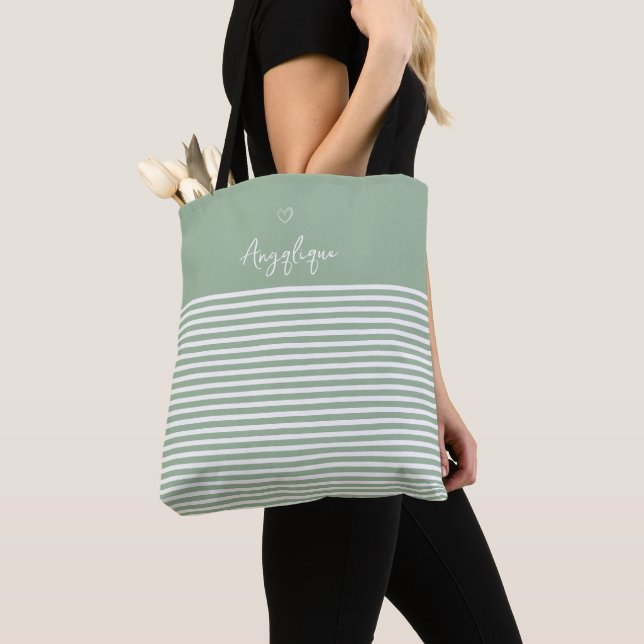 Bolsa Tote Sage Modern Heart and Stripes Monongram (Close Up)