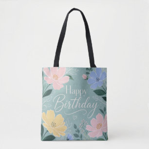 Bolsa Tote Sage Verde Flor de Campo Aquarela de Aniversário