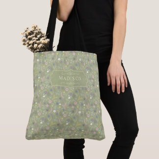 Bolsa Tote Sage Verde Flores Rosa Branco Padrão Floral Boho