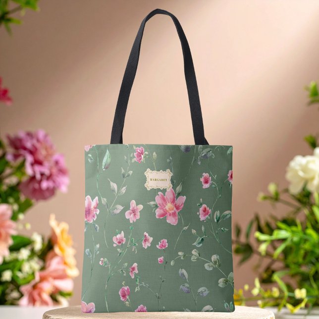 Bolsa Tote Sage Verde padrão de Flores rosa Clássico Moderno (Criador carregado)