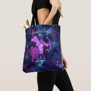 Bolsa Tote Sagitário Sinal Zodiac Monograma Cósmico Nome Azul