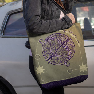 Bolsa Tote Sagitário - Sinal Zodíaco Roxo e Mandala Branca