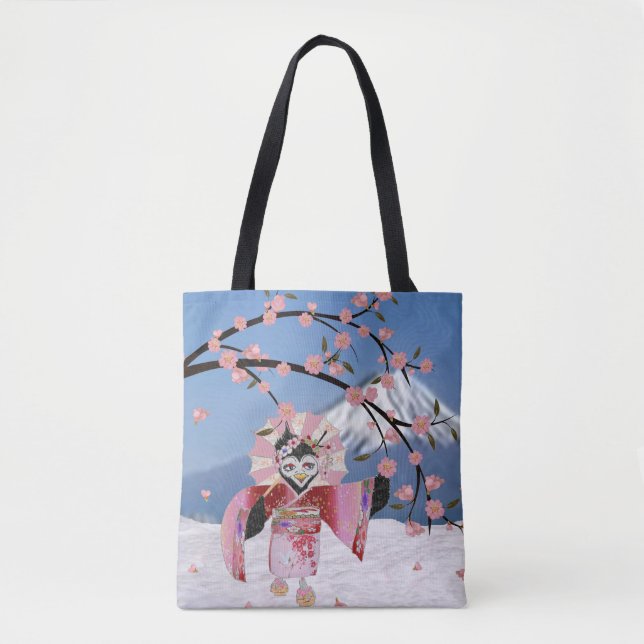 Bolsa Tote Sakura Geisha Pássaro na Neve Flores de Cerejeira (Frente)