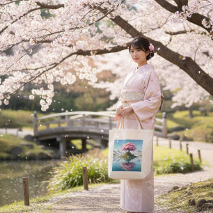 Bolsa Tote Sakura Tree Mountain Lake Tote Bag Cerejeira Jap