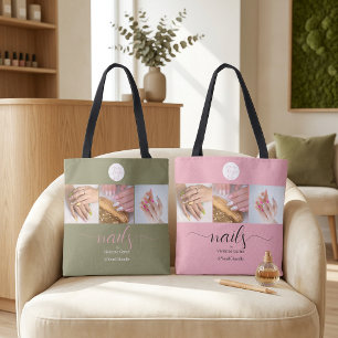 Bolsa Tote Salão de Unhas Foto Logotipo em Roteiro Rosa Verde