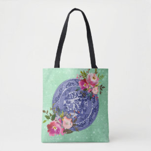 Bolsa Tote Salgueiro e rosas azuis azuis & brancos de China