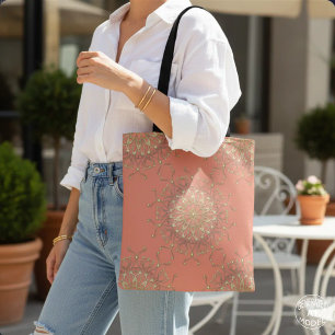 Bolsa Tote Salmão Rosa e Dourado Filigre Mandala Com Ouros