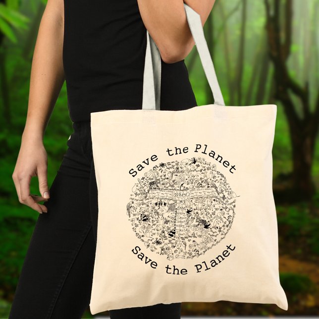 Bolsa Tote Salve o planeta Terra Animais e Árvores Ameaçados (Save the planet animal earth line art tote bag)