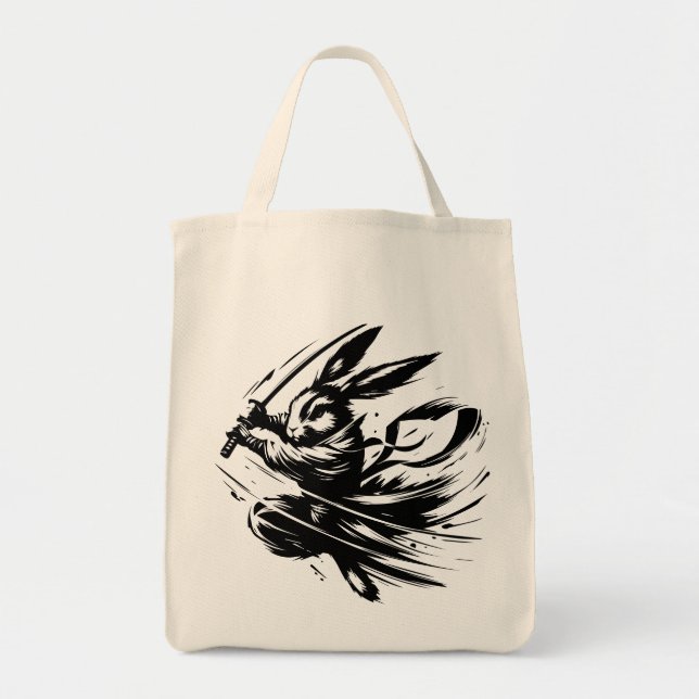 Bolsa Tote Samurai Bunny Black Ink Warrior Rabbit (Frente)