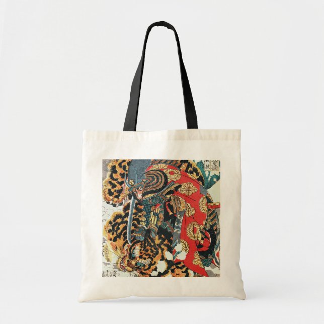 Bolsa Tote Samurai Fighting a Tiger, Kuniyoshi, Ukiyo-e (Frente)