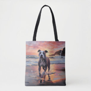 Bolsa Tote Sandy American Staffordshire Dog em Beach Sunset