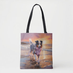 Bolsa Tote Sandy Australian Shepherd Dog on Beach Sunset