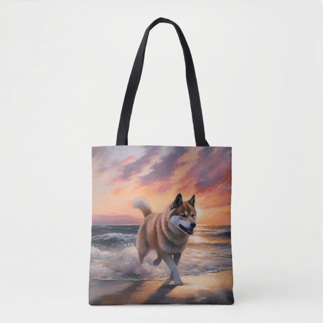 Bolsa Tote Sandy Paws Akita Dog em Beach Sunset (Frente)