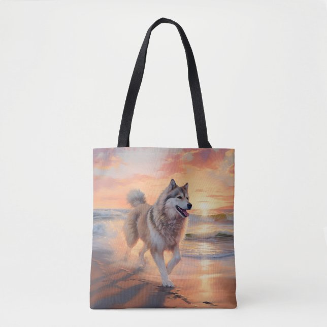 Bolsa Tote Sandy Paws Alaskan Malamute Dog em Beach Sunset (Frente)