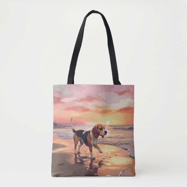 Bolsa Tote Sandy Paws Beagle Dog em Beach Sunset (Frente)