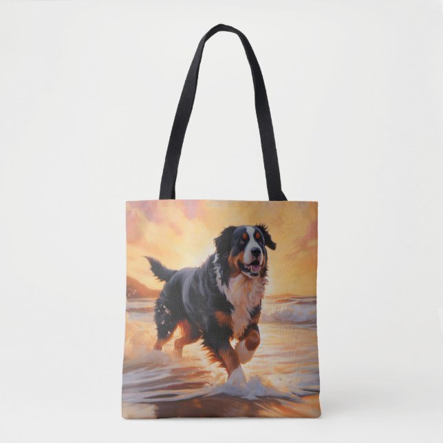 Bolsa Tote Sandy Paws Bernese Mountain Dog em Beach Sunset (Frente)