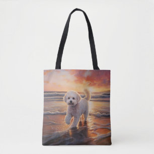 Bolsa Tote Sandy Paws Bichon Frise Dog em Beach Sunset