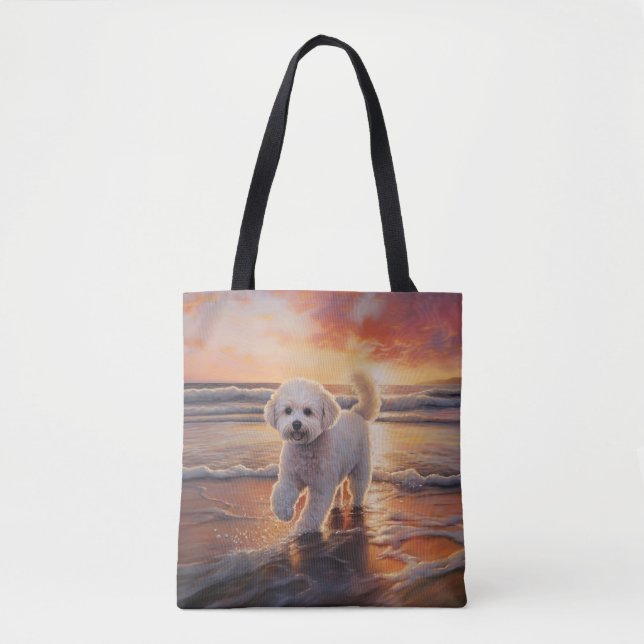 Bolsa Tote Sandy Paws Bichon Frise Dog em Beach Sunset (Frente)