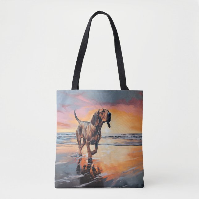 Bolsa Tote Sandy Paws Bloodhound Dog em Beach Sunset (Frente)