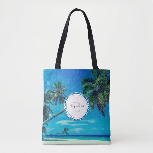 Bolsa Tote Sandy White Beach com Monograma de Palmas Tropicai (Frente)