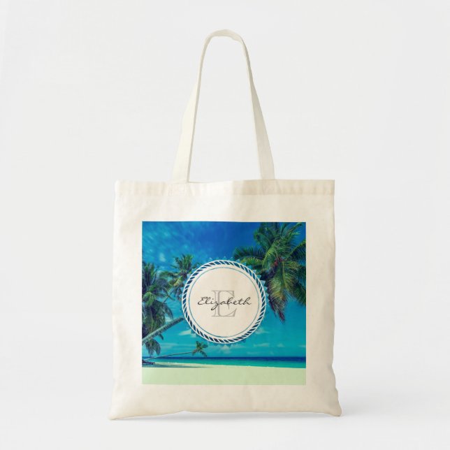 Bolsa Tote Sandy White Beach com Monograma de Palmas Tropicai (Frente)