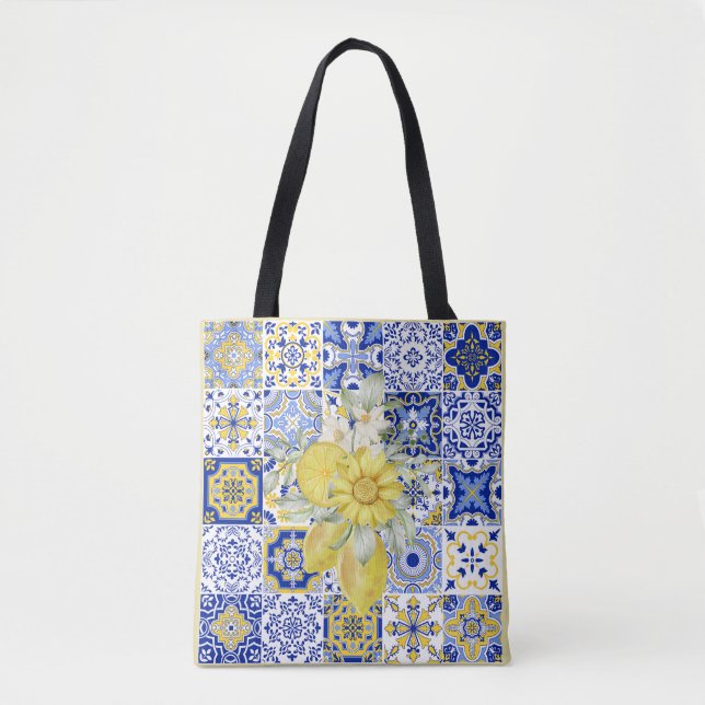 Bolsa Tote Sangue do mosaico em azul e amarelo (Frente)