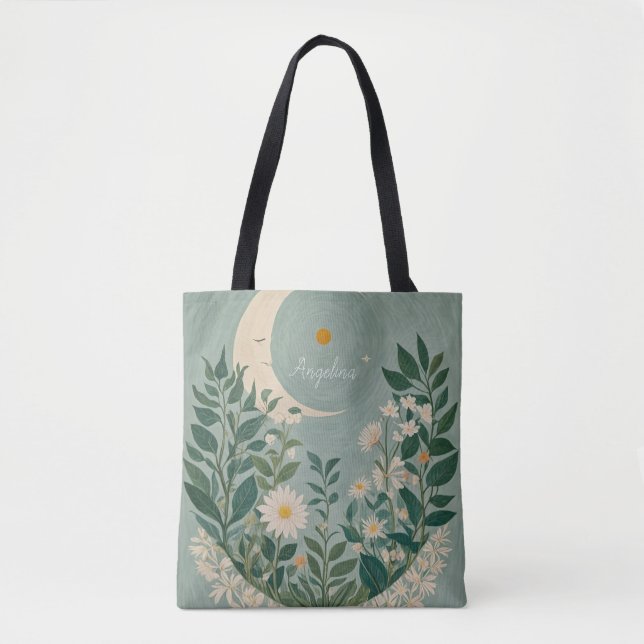 Bolsa Tote Sangue Lua: Pastel Floral e Lua Crescente (Frente)