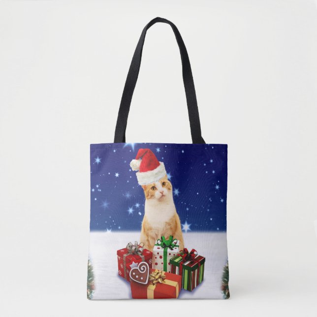 Bolsa Tote Santa Claus Cat com presente de Natal (Frente)