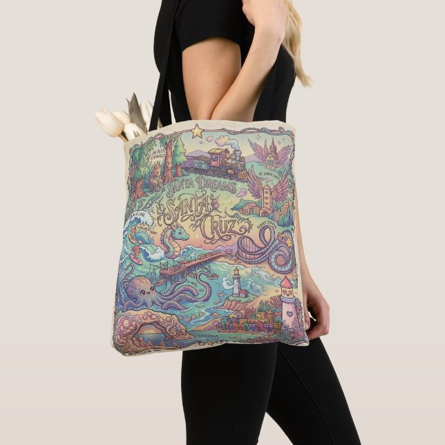 Bolsa Tote Santa Cruz California Illustrated Dreamscape Map (Close Up)