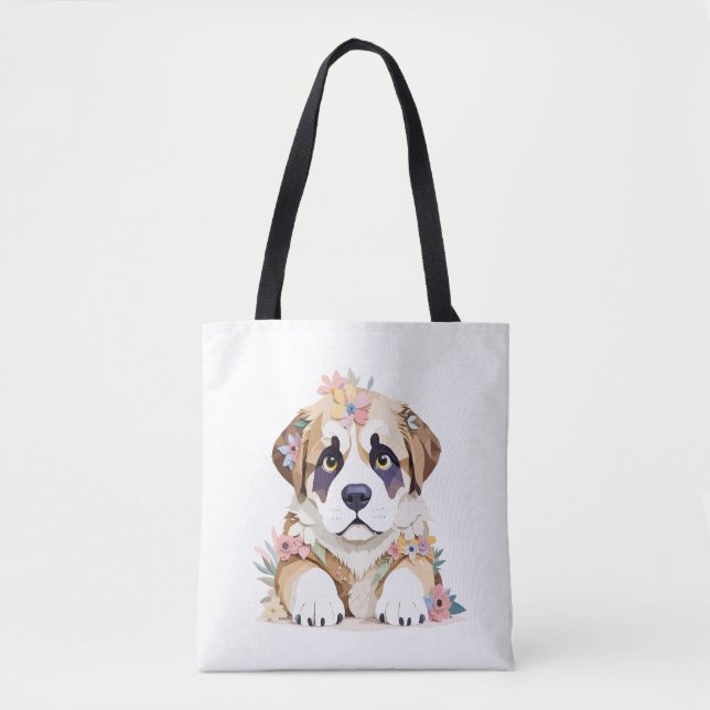 Bolsa Tote Santo Bernard Brincando com um Adorável Coração An (Frente)