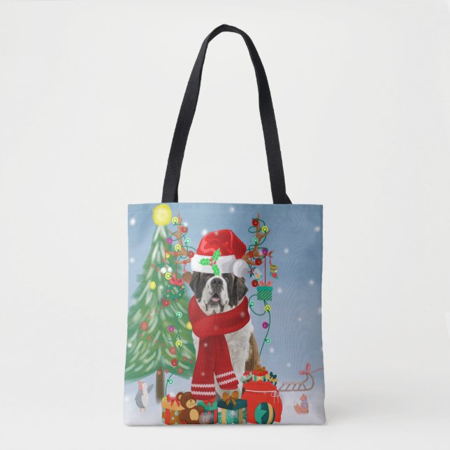Bolsa Tote Santo Bernard Dog no Natal da Neve (Frente)
