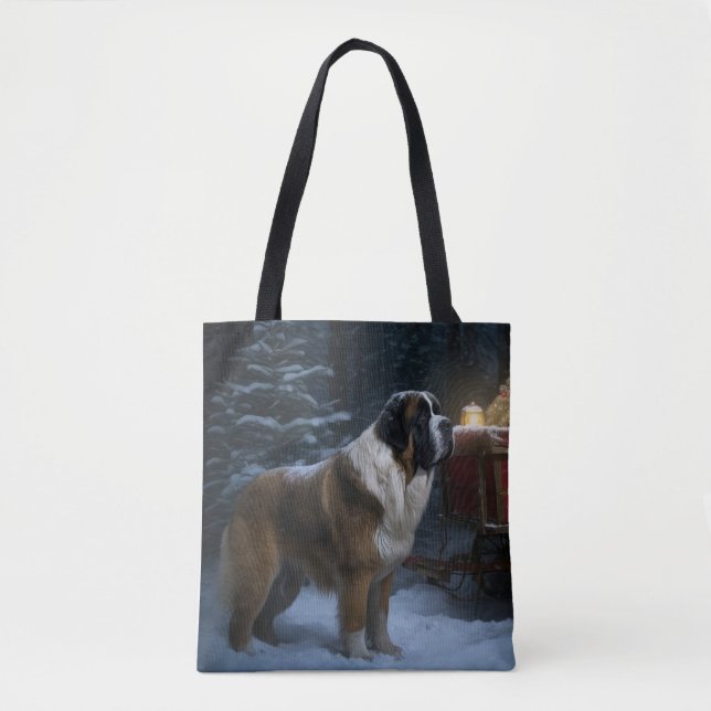 Bolsa Tote Santo Bernard Snowy Sleigh Decoração de Natal (Frente)