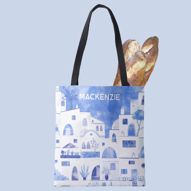 Bolsa Tote Santorini - Ilha Grega Personalizada Aquarela (Oia Santorini Greece blue and white watercolor art personalized name tote bag)