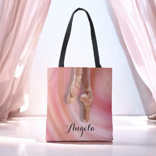 Bolsa Tote Sapatos de Dedo do Pé Rosa com Nome Ballet Fofo