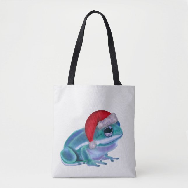 Bolsa Tote Sapo azul com chapéu de Papai Noel. (Frente)