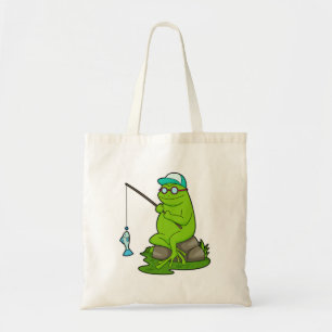 Bolsa Tote Sapo como pescador com cana de pesca e peixe